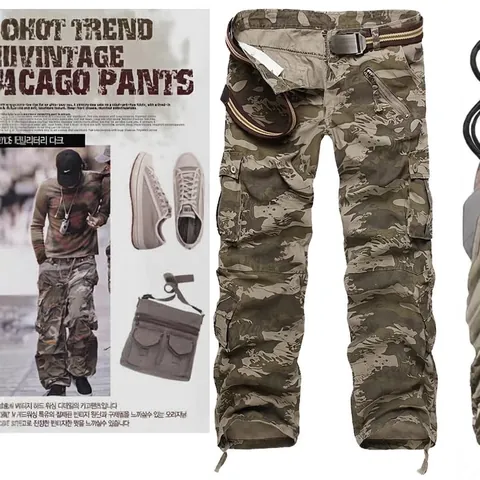 Men Cotton Camouflage Cargo Pants Military Tactical Multi Pocket Casual Long Trousers With Belt Durable Outdoor Pants