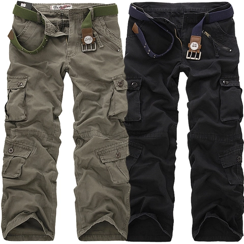Pantalones Cargo de Algodón para Hombre Retro Múltiples Bolsillos Camuflaje Pantalones Tácticos Pierna Recta Pantalones de Trabajo Con Cinturón