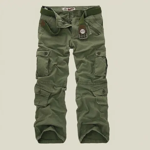 Men Casual Cotton Blend Multi Pocket Cargo Pants With Belt Straight Leg Workwear Trousers Military Style Pants For Men