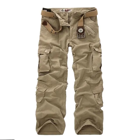Men Cargo Pants 100 Percent Cotton Multi Pocket Outdoor Casual Straight Leg Washed Workwear Trousers For Men With Belt