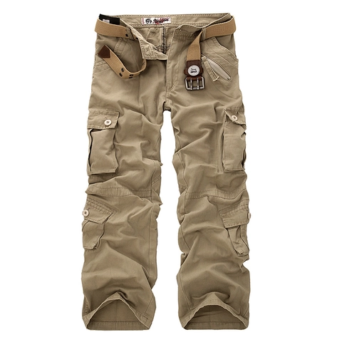 Men Casual Cotton Blend Multi Pocket Cargo Pants With Belt Straight Leg Workwear Trousers Military Style Pants For Men