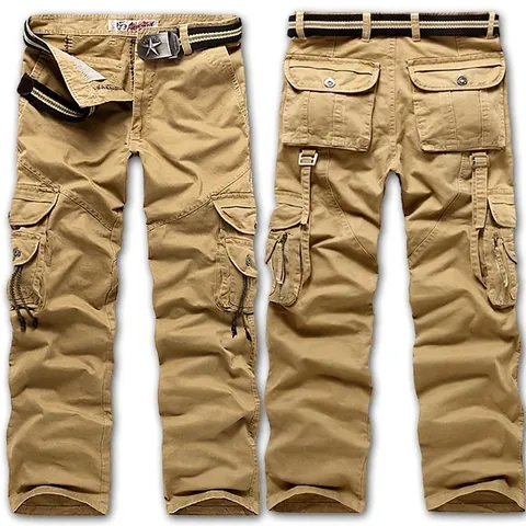 Men's Multi Pocket Cargo Pants Casual Outdoor Work Trousers Solid Color Straight Leg Cotton Blend Pants With Belt