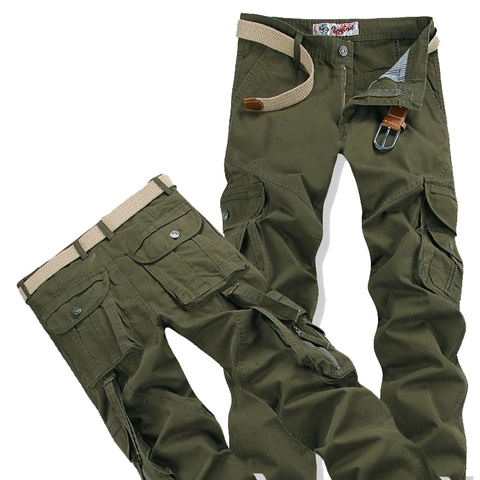 Men's Multi Pocket Cargo Pants Casual Outdoor Work Trousers Solid Color Straight Leg Cotton Blend Pants With Belt