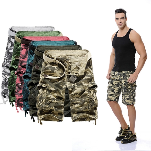 Pantaloncini Cargo Mimetici da Uomo in Cotone Multitasca Casual All'aperto Con Cintura per l'Estate Stile Militare Larghi