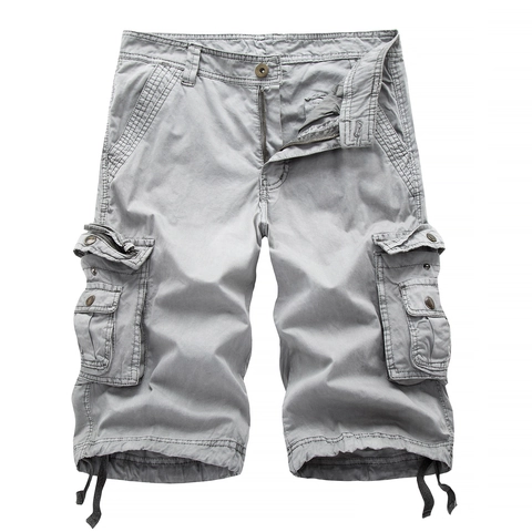 Men Cargo Shorts Multi Pocket Cotton Summer Casual Outdoor Beach Loose Fit Drawstring Zipper Fly Solid Color Pants