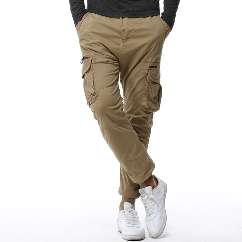 Men's Casual Cotton Cargo Jogger Pants Multi Pocket Drawstring Waist Solid Color Fashion Outdoor Cuffed Trousers