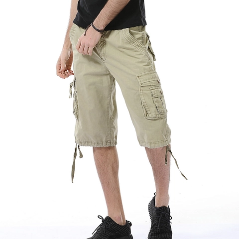 Men Casual Cotton Cargo Shorts Multi Pocket Outdoor Military Style Loose Fit Summer Bottoms Solid Color Drawstring Hem