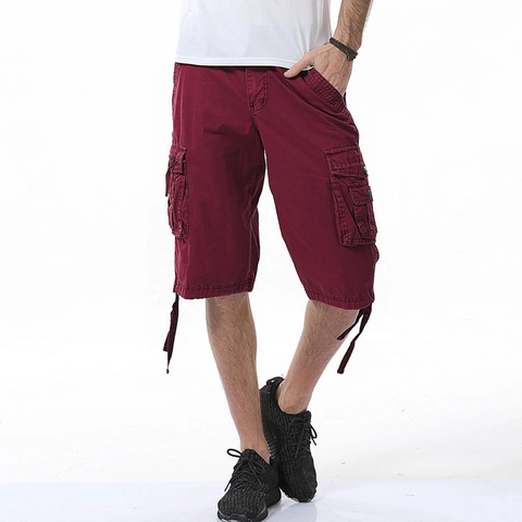 Men Casual Cotton Cargo Shorts Multi Pocket Outdoor Military Style Loose Fit Summer Bottoms Solid Color Drawstring Hem