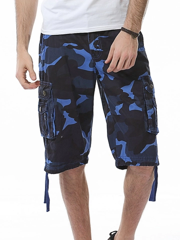 Men Camouflage Cargo Shorts Cotton Multi-Pocket Outdoor Casual Loose Straight Drawstring Hem Military Style Beach Pants