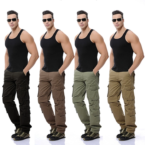 Men's Casual Cargo Pants Cotton Multi Pocket Straight Leg Tactical Trousers With Woven Belt Outdoor Daily Loose Fit Pants