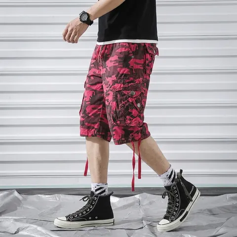Men Cargo Shorts Cotton Camouflage Multi Pocket Loose Fit Casual Straight Leg Knee Length Streetwear Workwear Shorts