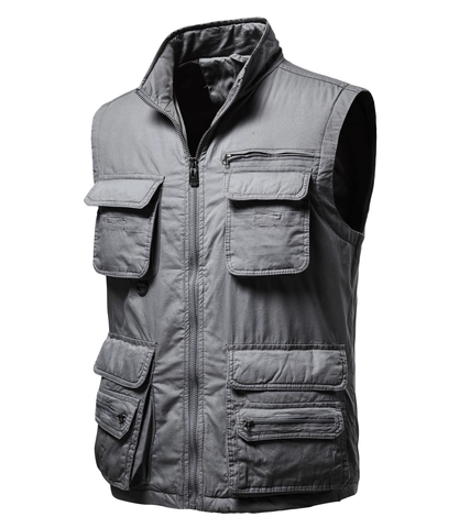 Gilet de Travail Multi-Poches pour Hommes Gilet Tactique en Mélange de Coton Avec Col Montant Coupe Ample pour Pêche en Plein Air