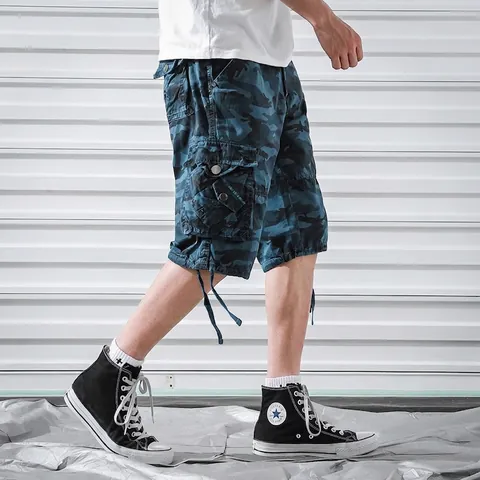 Men Cargo Shorts Cotton Camouflage Multi Pocket Loose Fit Casual Straight Leg Knee Length Streetwear Workwear Shorts