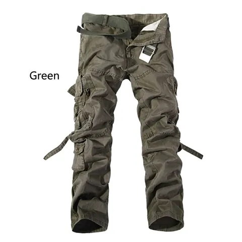 Men's Casual Cargo Pants Loose Fit Cotton Multi Pocket Long Trousers With Belt