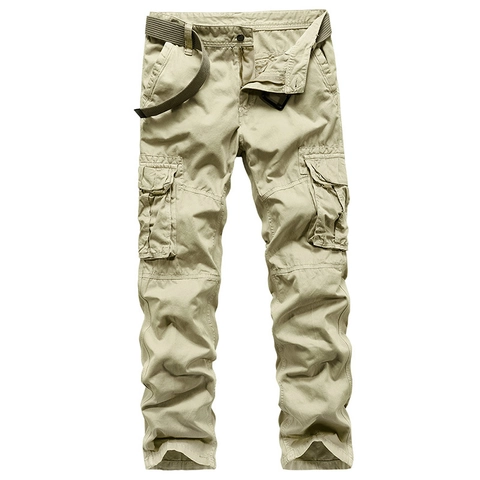 Men's Cotton Cargo Pants Multi Pocket Straight Leg Casual Trousers With Canvas Belt For Outdoor Streetwear Fashion