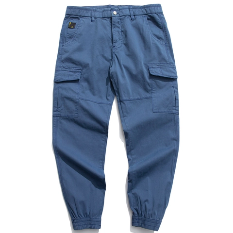 Men Loose Cargo Pants Cotton Twill Multi-Pockets Jogger Style Elastic Cuffs Casual Utility Trousers Solid Color Outdoor Fashion