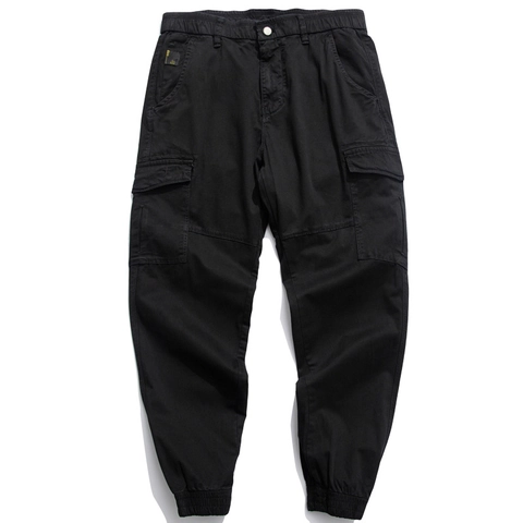 Men Loose Cargo Pants Cotton Twill Multi-Pockets Jogger Style Elastic Cuffs Casual Utility Trousers Solid Color Outdoor Fashion