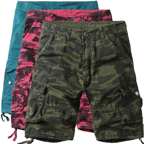 Men Cargo Shorts Loose Fit Cotton Multi Pocket Casual Summer Outdoor Beach Military Style Camouflage Solid Color Bottoms