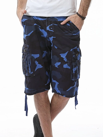Men Camouflage Cargo Shorts Cotton Multi-Pocket Outdoor Casual Loose Straight Drawstring Hem Military Style Beach Pants