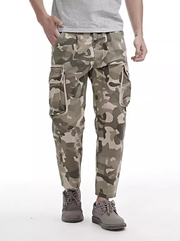Men's Camouflage Cargo Pants Cotton Loose Fit Multi Pocket Outdoor Casual Trousers Straight Leg Tactical Hip Hop Bottoms