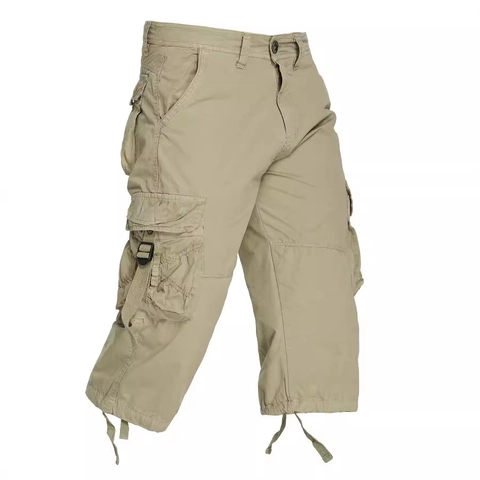 Men's Casual Cargo Capri Shorts Loose Fit Multi Pocket Drawstring Cotton Blend Summer Outdoor 7-Point Pants For Daily Travel