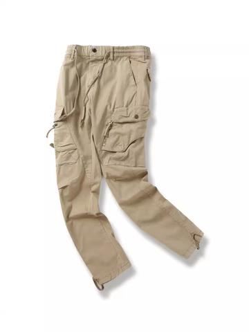 Men Casual Cargo Pants Elastic Waist Drawstring Multi Pockets Cotton Twill Outdoor Fashion Straight Work Trousers