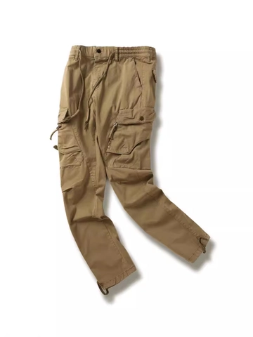 Men Casual Cargo Pants Elastic Waist Drawstring Multi Pockets Cotton Twill Outdoor Fashion Straight Work Trousers