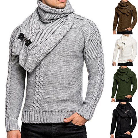 Ανδρικό Slim Fit Νάιλον Πλεκτό Πουλόβερ Με Αποσπώμενο Λαιμό Cowl Μεταλλική Πόρπη Χειμερινό Ζεστό Μακρυμάνικο Τοπ