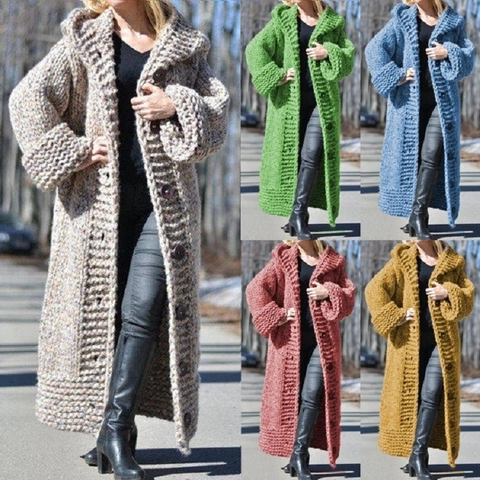 Cardigan da Donna a Maglia Grossa Con Cappuccio in Misto Viscosa Nylon Cappotto Maglione Lungo Tinta Unita Vestibilità Comoda