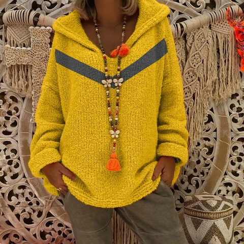 Suéter de Punto con Capucha Casual para Mujer Color en Contraste Rayas en V Pullover Oversize Manga Larga Boho