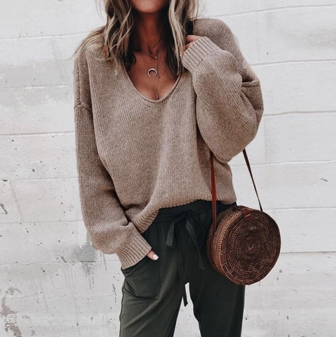 Women V Neck Knit Sweater Long Sleeve Loose Pullover Solid Color Casual Polyester Knitwear For Autumn Winter Ladies Tops