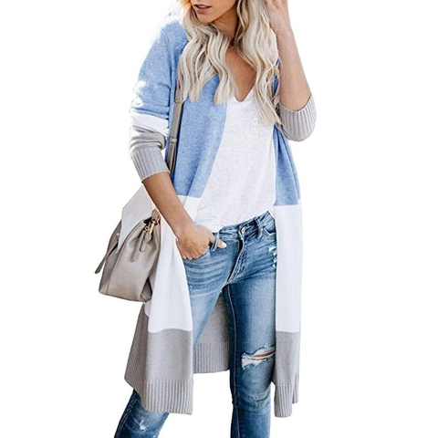 Damen Casual Viskose Farbblock Strickjacke Locker Langarm Gestreift Offene Front Mittellang Patchwork Pullover Jacke