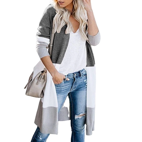 Damen Casual Viskose Farbblock Strickjacke Locker Langarm Gestreift Offene Front Mittellang Patchwork Pullover Jacke
