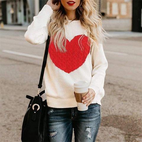 Women's Heart Pattern Knit Sweater Long Sleeve Crew Neck Pullover Soft Core Spun Yarn Loose Casual Jumper Top