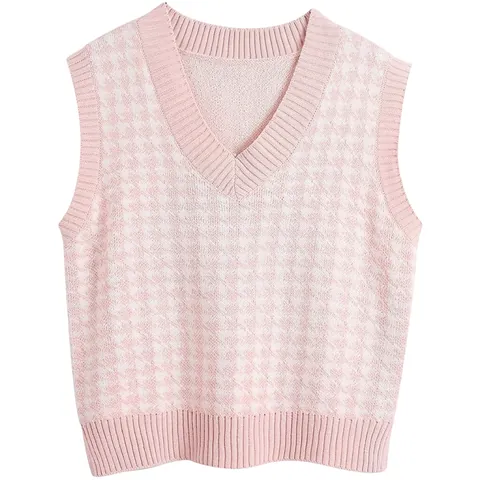 Gilet in Maglia a Pied de Poule da Donna Scollo a V Pullover Senza Maniche Vintage Stile Preppy Maglieria Casual Top Autunno
