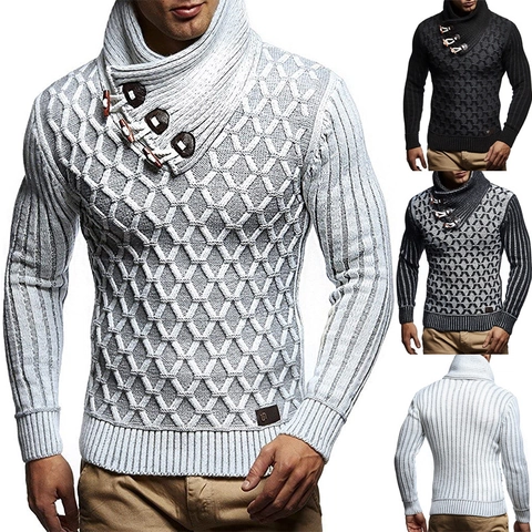 Men High Neck Knit Sweater Toggle Button Pullover Diamond Texture Long Sleeve Thick Casual Winter Warm Tops Men Clothing