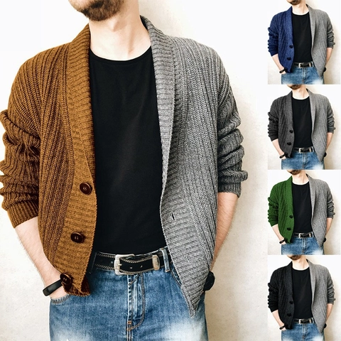 Heren Gebreid Vest Met Kleurblok Acryl Lange Mouw Sjaalkraag Trui Jas Grof Gebreide Casual Bovenkleding