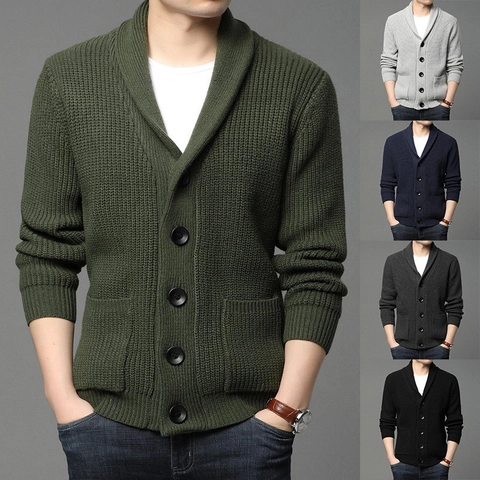 Cardigan en Maille Homme Col Châle Chaud Boutons Côte Manteau en Acrylique Avec Poches Couleur Unie Décontracté