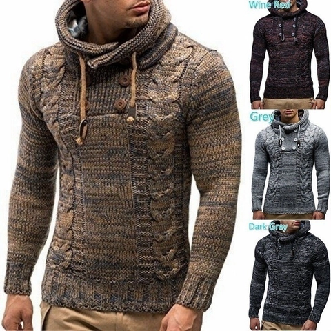 Ανδρικό Slim Fit Πλεκτό Πουλόβερ Με Κουκούλα Πλούσιο Ακρυλικό Πουλόβερ Με Ξύλινα Κουμπιά Κορδόνι Casual Χειμώνας Μακρύ Μανίκι Πλεκτά