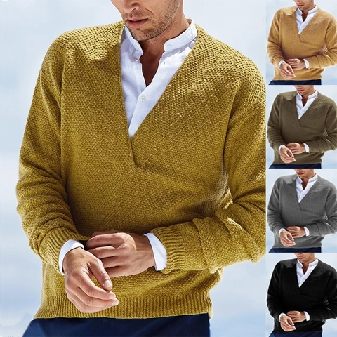 Herren V-Ausschnitt Strickpullover Waffelstruktur Einfarbig Langarm Pullover Britischer Stil Casual Winter Warm Top Für Herren