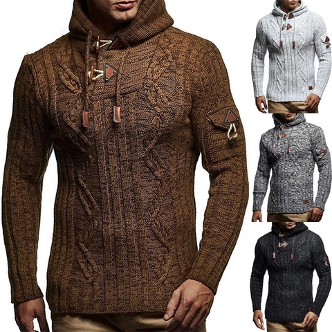 Heren Trui Met Capuchon Kabelgebreid Vintage Hoorn Gesp Slim Fit Pullover Lange Mouwen Warme Acryl Knitwear Met Leren Trim