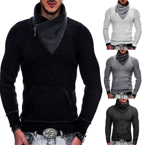 Suéter de Punto Ajustado para Hombre Cremallera Cuello Volcado Bolsillo de Canguro Manga Larga Invierno Cálido Estilo Británico