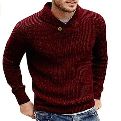 Heren Sjaalkraag Geribbeld Gebreide Trui Casual Lange Mouw Effen Kleur Pullover Met Knoopdecoratie Warme Winter Top