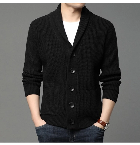 Cardigan en Maille Homme Col Châle Chaud Boutons Côte Manteau en Acrylique Avec Poches Couleur Unie Décontracté
