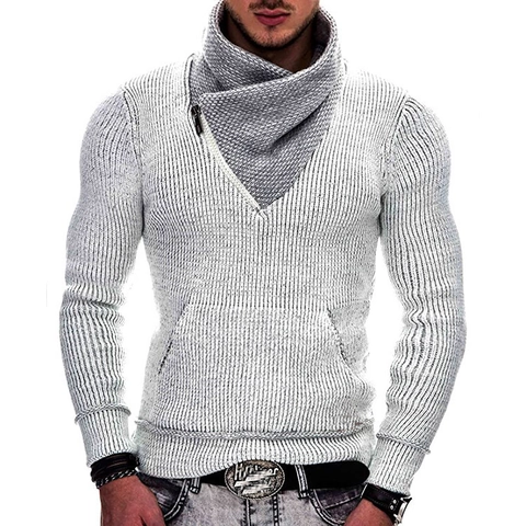 Suéter de Punto Ajustado para Hombre Cremallera Cuello Volcado Bolsillo de Canguro Manga Larga Invierno Cálido Estilo Británico