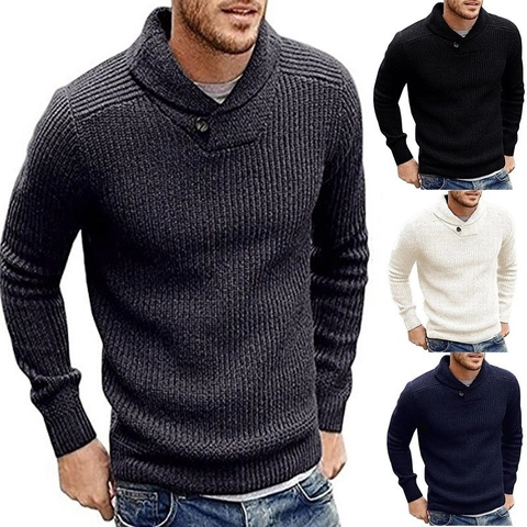 Heren Sjaalkraag Geribbeld Gebreide Trui Casual Lange Mouw Effen Kleur Pullover Met Knoopdecoratie Warme Winter Top
