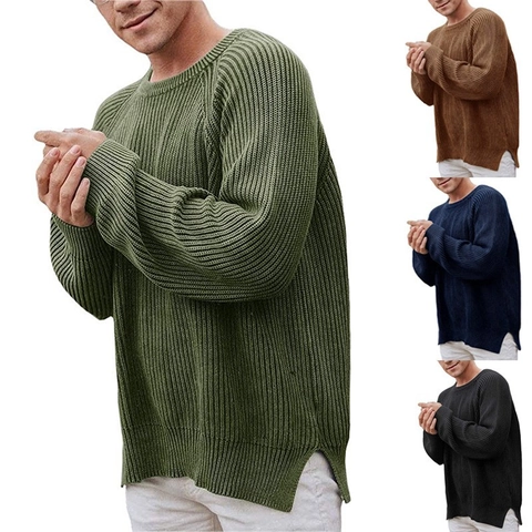 Men Ribbed Knit Sweater Acrylic Round Neck Long Sleeve Pullover Solid Color Casual Loose Fit Side Slit Winter Warm Knitwear