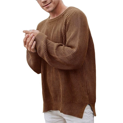 Men Ribbed Knit Sweater Acrylic Round Neck Long Sleeve Pullover Solid Color Casual Loose Fit Side Slit Winter Warm Knitwear