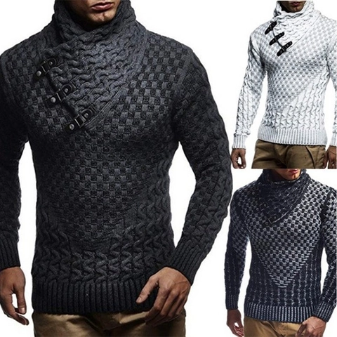Heren Rolkraag Trui Lange Mouw Pullover Met Leren Gespen Kabelbreisel Patchwork Casual Warme Winter Top Voor Mannen
