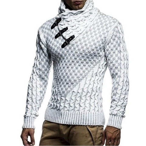Heren Rolkraag Trui Lange Mouw Pullover Met Leren Gespen Kabelbreisel Patchwork Casual Warme Winter Top Voor Mannen